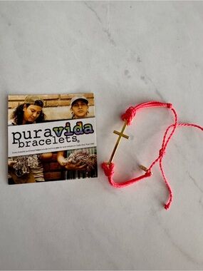 Pura Vida Pink Cord Bracelet Gold Tone Cross Dangle Charm Adjustable Slide